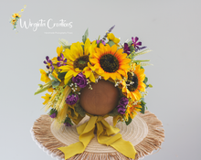 Load image into Gallery viewer, Sunflower Flower Bonnet | Floral Photo Prop for 12-24 Months | Green, Yellow, Purple | Handmade Artificial Flower Headpiece
