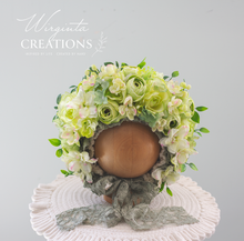 Load image into Gallery viewer, Flower Bonnet for 6-24 Months - Light Green Colour - Handmade - Artificial Flower Headpiece - Photo Prop