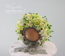 Load image into Gallery viewer, Flower Bonnet for 6-24 Months - Light Green Colour - Handmade - Artificial Flower Headpiece - Photo Prop