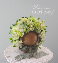 Load image into Gallery viewer, Flower Bonnet for 6-24 Months - Light Green Colour - Handmade - Artificial Flower Headpiece - Photo Prop