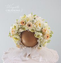Load image into Gallery viewer, Flower Bonnet for 6-24 Months - Cream Colour - Handmade - Artificial Flower Headpiece - Photo Prop