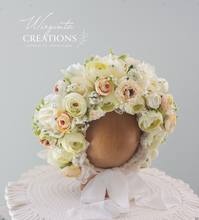 Load image into Gallery viewer, Flower Bonnet for 6-24 Months - Cream Colour - Handmade - Artificial Flower Headpiece - Photo Prop