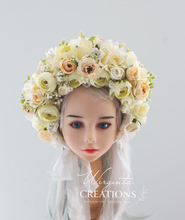 Load image into Gallery viewer, Flower Bonnet for 6-24 Months - Cream Colour - Handmade - Artificial Flower Headpiece - Photo Prop
