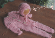 Load image into Gallery viewer, Knitted Newborn Footed Romper with Matching Bonnet | Photo Prop | Baby Pink Colour | Unique Stitch | Ready to Send
