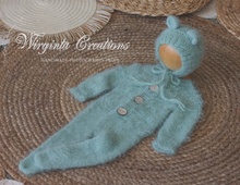 Load image into Gallery viewer, Knitted Newborn Footed Romper with Matching Bonnet | Photo Prop | Colours Available: Mushroom Beige; Light Grey; Mint | Teddy Bear Outfit | Ready to Send