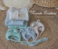 Load image into Gallery viewer, Knitted Newborn Footed Romper with Matching Bonnet | Photo Prop | Colours Available: Mushroom Beige; Light Grey; Mint | Teddy Bear Outfit | Ready to Send