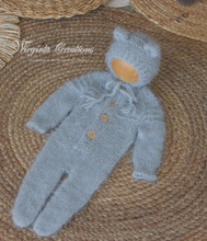Load image into Gallery viewer, Knitted Newborn Footed Romper with Matching Bonnet | Photo Prop | Colours Available: Mushroom Beige; Light Grey; Mint | Teddy Bear Outfit | Ready to Send