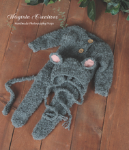 Load image into Gallery viewer, Newborn Mouse Bonnet and Footed Romper Set | Photo Prop | Grey Colour | Mouse Outfit | Ready to Send
