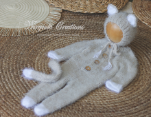 Load image into Gallery viewer, Mushroom Beige Knitted Newborn Footed Romper with Tail and Matching Cat Bonnet | Photo Prop | Fuzzy Yarn | Cat Outfit | Ready to Send