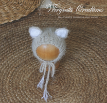 Load image into Gallery viewer, Mushroom Beige Knitted Newborn Footed Romper with Tail and Matching Cat Bonnet | Photo Prop | Fuzzy Yarn | Cat Outfit | Ready to Send