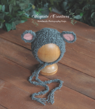 Load image into Gallery viewer, Newborn Mouse Bonnet and Footed Romper Set | Photo Prop | Grey Colour | Mouse Outfit | Ready to Send