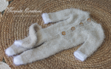 Load image into Gallery viewer, Mushroom Beige Knitted Newborn Footed Romper with Tail and Matching Cat Bonnet | Photo Prop | Fuzzy Yarn | Cat Outfit | Ready to Send