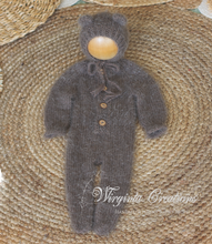 Load image into Gallery viewer, Newborn Footed Romper and Matching Bonnet | Photo Prop |Taupe Colour | Knitted Teddy Bear Outfit | Ready to Send