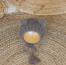 Load image into Gallery viewer, Newborn Footed Romper and Matching Bonnet | Photo Prop |Taupe Colour | Knitted Teddy Bear Outfit | Ready to Send