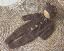 Load image into Gallery viewer, Newborn Footed Romper and Matching Bonnet | Photo Prop | Brown Colour | Knitted Teddy Bear Outfit | Ready to Send