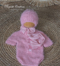 Load image into Gallery viewer, Hand-Knitted Newborn Romper with Bonnet - Pink Photo Prop - Available Now