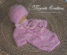 Load image into Gallery viewer, Hand-Knitted Newborn Romper with Bonnet - Pink Photo Prop - Available Now