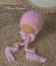 Load image into Gallery viewer, Hand-Knitted Newborn Romper with Bonnet - Pink Photo Prop - Available Now
