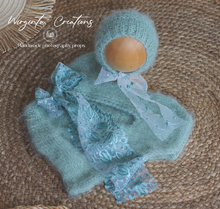 Load image into Gallery viewer, Knitted Newborn Outfit | Colours Available: White, Pink, Grey Mauve, Mint | Handmade Romper and Matching Bonnet Set | Fuzzy Yarn | Ready to Send Photography Prop