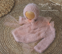 Load image into Gallery viewer, Knitted Newborn Outfit | Colours Available: White, Pink, Grey Mauve, Mint | Handmade Romper and Matching Bonnet Set | Fuzzy Yarn | Ready to Send Photography Prop