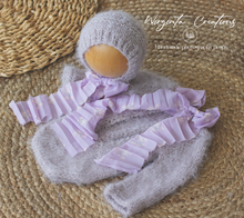 Load image into Gallery viewer, Knitted Newborn Outfit | Colours Available: White, Pink, Grey Mauve, Mint | Handmade Romper and Matching Bonnet Set | Fuzzy Yarn | Ready to Send Photography Prop