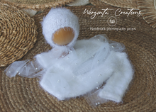 Load image into Gallery viewer, Knitted Newborn Outfit | Colours Available: White, Pink, Grey Mauve, Mint | Handmade Romper and Matching Bonnet Set | Fuzzy Yarn | Ready to Send Photography Prop