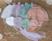 Load image into Gallery viewer, Knitted Newborn Outfit | Colours Available: White, Pink, Grey Mauve, Mint | Handmade Romper and Matching Bonnet Set | Fuzzy Yarn | Ready to Send Photography Prop