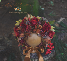 Load image into Gallery viewer, Flower Bonnet for 12-24 Months Old | Burgundy, Green, Brown Colour | Photography Prop | Artificial Flower Headpiece | Autumn Edition