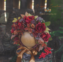 Load image into Gallery viewer, Flower Bonnet for 12-24 Months Old | Burgundy, Green, Brown Colour | Photography Prop | Artificial Flower Headpiece | Autumn Edition