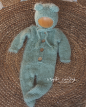 Load image into Gallery viewer, Newborn Footed Romper and Matching Bonnet | Photo Prop | Colours available: Dark Grey, Mint | Knitted Teddy Bear Outfit | Ready to Send