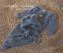 Load image into Gallery viewer, Newborn Footed Romper and Matching Bonnet | Photo Prop | Colours available: Dark Grey, Mint | Knitted Teddy Bear Outfit | Ready to Send