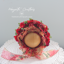 Load image into Gallery viewer, Flower Bonnet for Newborns (0-3 Months) - Photography Headpiece - Red, Gold Colour - Ready to Send