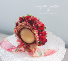 Load image into Gallery viewer, Flower Bonnet for Newborns (0-3 Months) - Photography Headpiece - Red, Gold Colour - Ready to Send