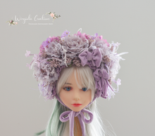 Load image into Gallery viewer, Flower Bonnet for 12-24 Months Old | Photography Prop | Lilac, Purple Colours | Artificial Flower Headpiece | Handmade