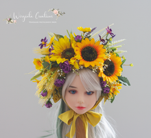 Load image into Gallery viewer, Sunflower Flower Bonnet | Floral Photo Prop for 12-24 Months | Green, Yellow, Purple | Handmade Artificial Flower Headpiece
