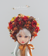 Load image into Gallery viewer, Flower Bonnet for 12-24 Months Old | Burgundy, Green, Brown Colour | Photography Prop | Artificial Flower Headpiece | Autumn Edition