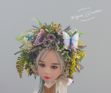 Load image into Gallery viewer, Meadow Inspired Flower Bonnet for 12-24 Months Old | Photography Prop | Flower Headpiece | Butterfly