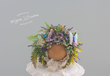 Load image into Gallery viewer, Flower Bonnet for sitter, photography prop, artificial flower headpiece