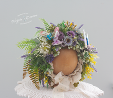 Load image into Gallery viewer, Meadow Inspired Flower Bonnet for 12-24 Months Old | Photography Prop | Flower Headpiece | Butterfly