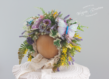 Load image into Gallery viewer, Meadow Inspired Flower Bonnet for 12-24 Months Old | Photography Prop | Flower Headpiece | Butterfly