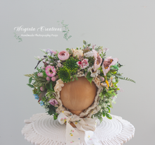 Load image into Gallery viewer, Meadow Inspired Flower Bonnet for 12-24 Months Old | Photography Prop | Flower Headpiece | Ready to Send