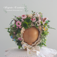 Load image into Gallery viewer, Meadow Inspired Flower Bonnet for 12-24 Months Old | Photography Prop | Flower Headpiece | Ready to Send