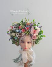 Load image into Gallery viewer, Meadow Inspired Flower Bonnet for 12-24 Months Old | Photography Prop | Flower Headpiece | Butterfly