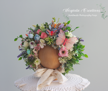 Load image into Gallery viewer, Meadow Inspired Flower Bonnet for 12-24 Months Old | Photography Prop | Flower Headpiece | Butterfly