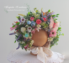Load image into Gallery viewer, Meadow Inspired Flower Bonnet for 12-24 Months Old | Photography Prop | Flower Headpiece | Butterfly