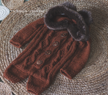 Load image into Gallery viewer, Handmade Dark Brown Hooded Teddy Bear Romper with Faux Fur Decoration | 12-24 Months | Unique Stitch | Perfect for Photography Sessions