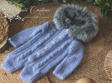 Load image into Gallery viewer, Mohair blue knitted hooded "Eskimo" style romper for 12-24 months old. Children photography prop, outfit