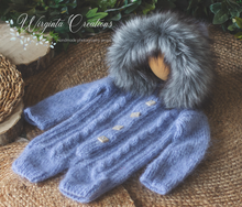 Load image into Gallery viewer, Mohair blue knitted hooded "Eskimo" style romper for 12-24 months old. Children photography prop, outfit