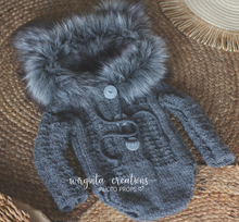 Load image into Gallery viewer, Grey knitted hooded teddy bear romper for 6-12 months old. Children photography prop, outfit