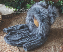 Load image into Gallery viewer, Grey knitted hooded teddy bear romper for 6-12 months old. Children photography prop, outfit
